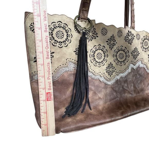 Catchfly Mandala Filigree Concealed Carry Handbag Shoulder Tote Boho Tassel Tan - Picture 14 of 16